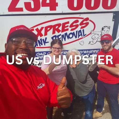 Express Junk Removal team with two very satisfied customers.