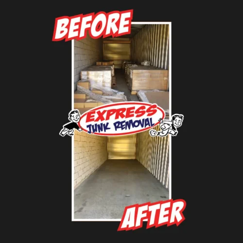 Before and after of Express Junk Removal cleanout out a storage unit